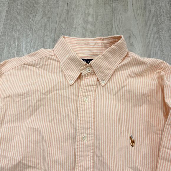 Polo Ralph Lauren Button Shirt Men's 16.5 - 32 Orange Striped Preppy Pony Cotton - Picture 1 of 7